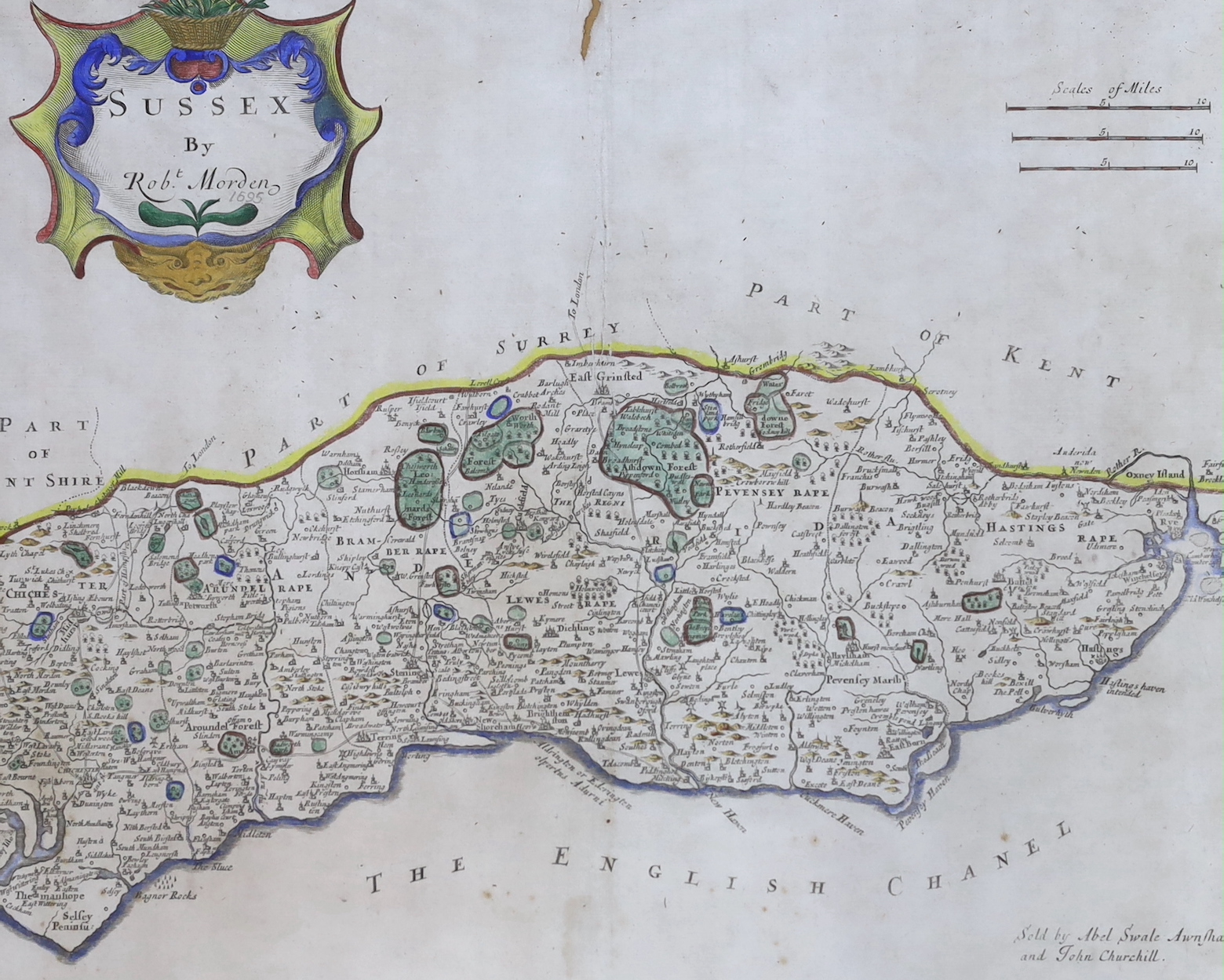 Robert Morden, coloured engraving, Map of Sussex, 34 x 42cm